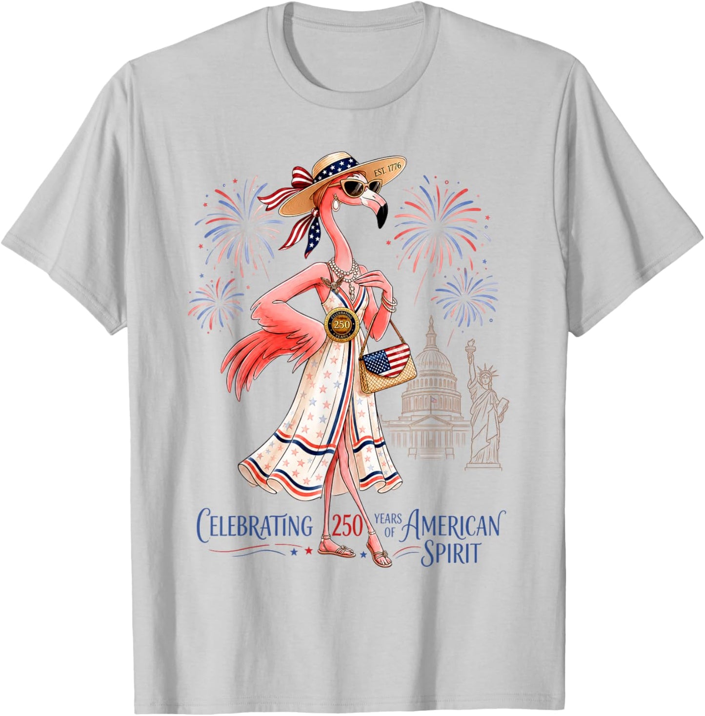 Patriotic Flamingo 250 Years American Spirit T-Shirt - T-Shirt | Ash