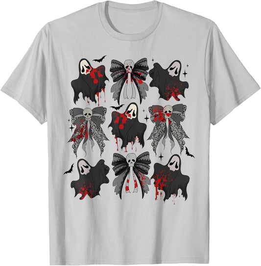 Coquette Bow Cute Ghost Spooky Season Scare Horror Halloween T-Shirt - T-Shirt | Ash