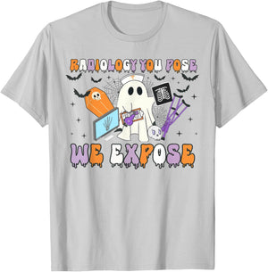Radiology You Pose We Expose Halloween Ghost Rad Tech X-ray T-Shirt - T-Shirt | Ash