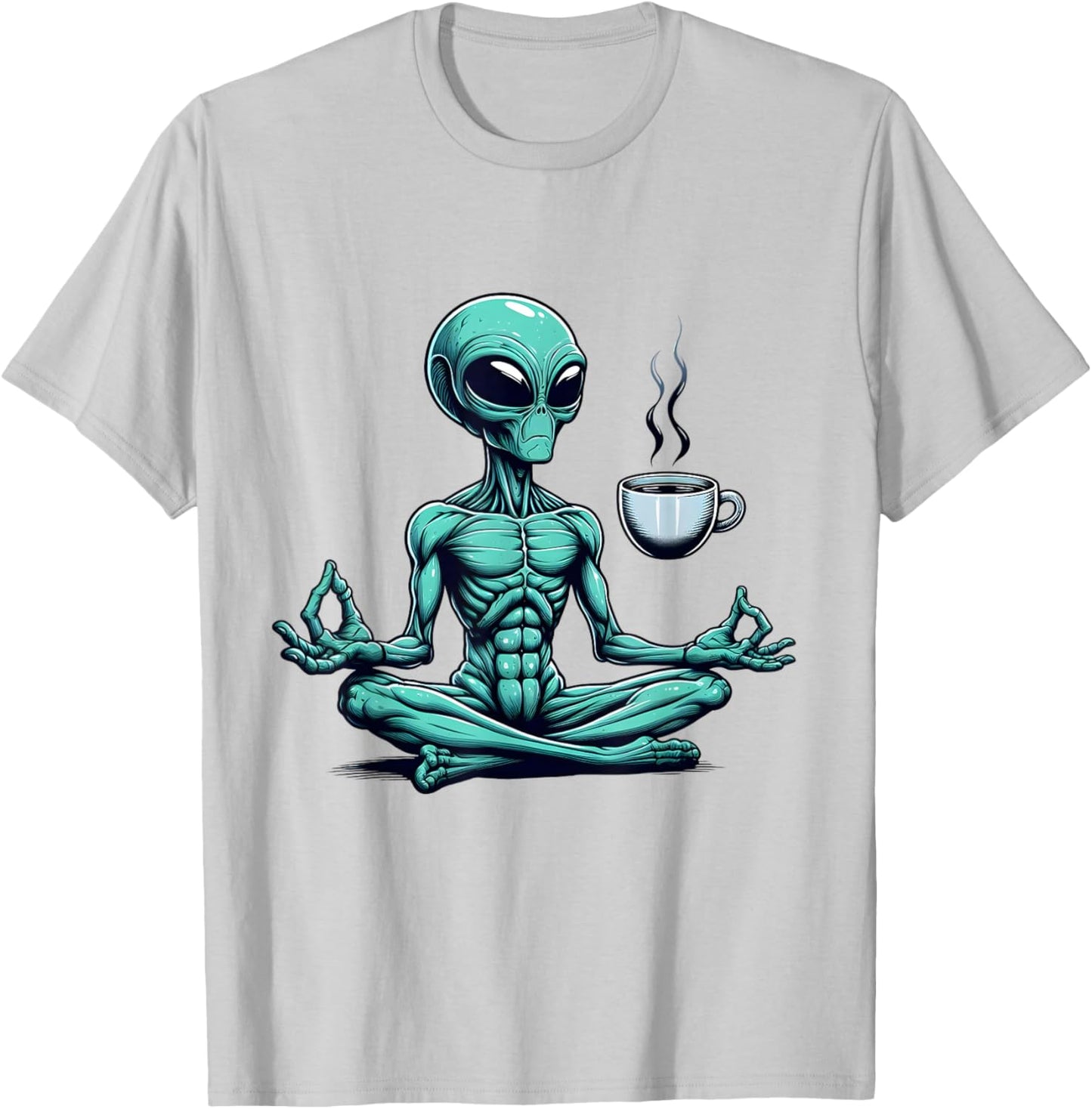Alien Yoga With Coffee Mug UFO Lover Funny Meditate Poses T-Shirt - T-Shirt | Ash