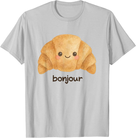 Kawaii Croissant Happy Face Gebäckliebhaber T-Shirt - T-Shirt | Ash