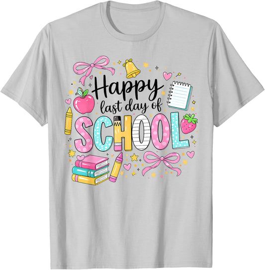 Happy Last Day of School Girls Coquette Bow Teachers Student T-Shirt - T-Shirt | Ash