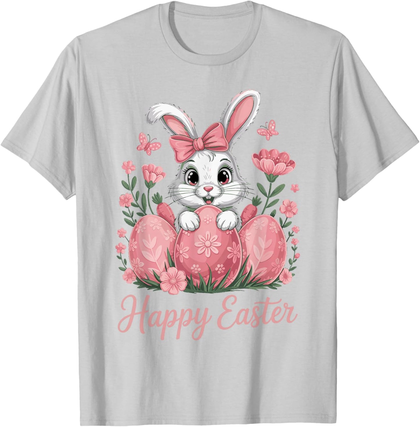 Cute Pink Bunny Eggs Flowers Happy Easter T-Shirt - T-Shirt | Ash