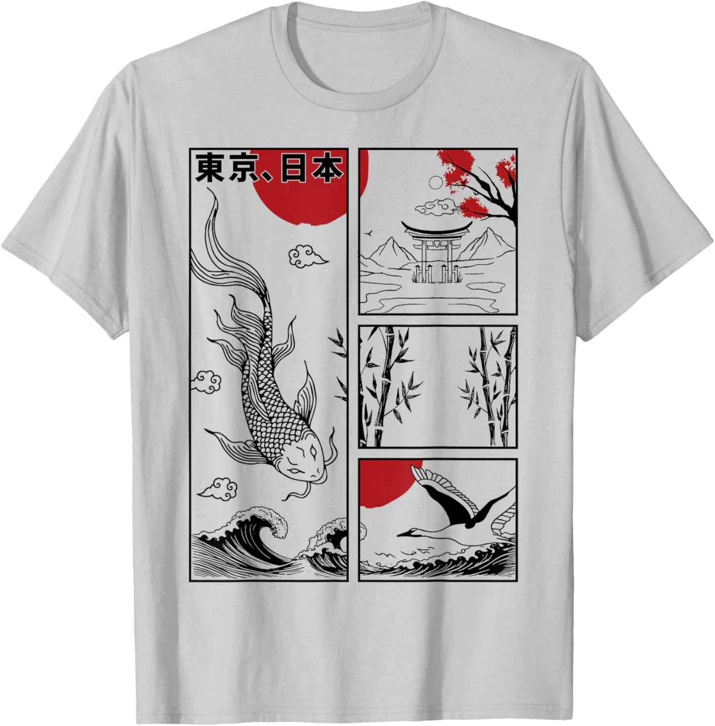 Japanese Koi Fish The Great Wave off Kanagawa Kanji Japan T-Shirt - T-Shirt | Ash