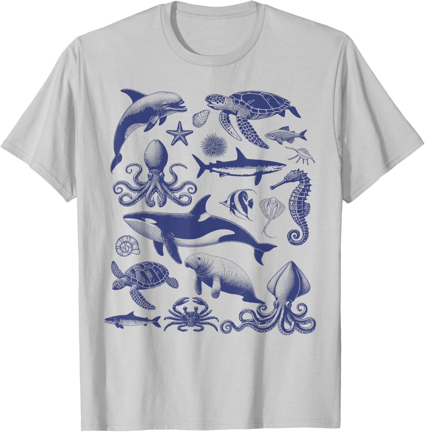 Ocean Wildlife Vintage Shark Turtle Octopus Graphic T-Shirt - T-Shirt | Ash