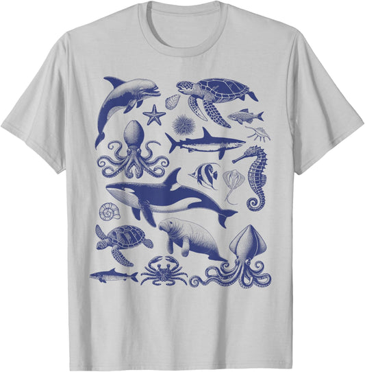 Ocean Wildlife Vintage Shark Turtle Octopus Graphic T-Shirt - T-Shirt | Ash