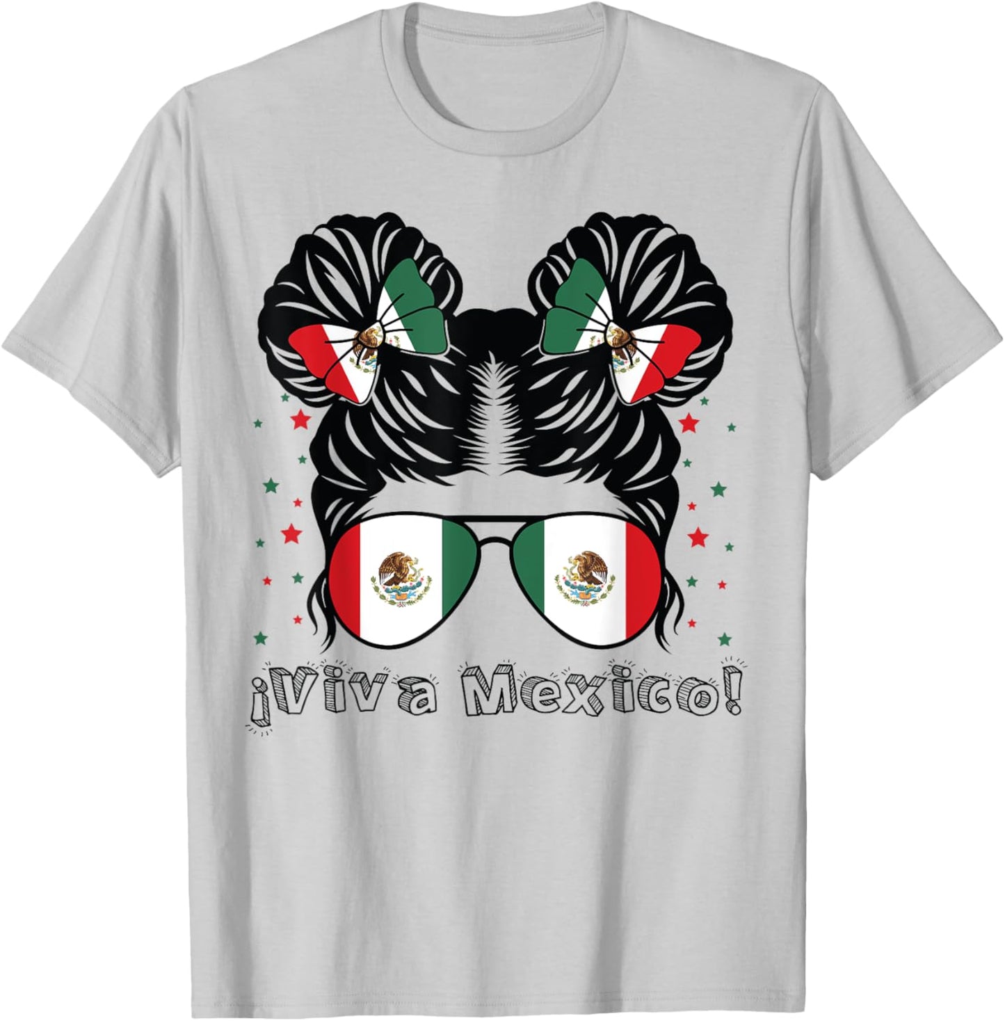 Messy Bun Girl Viva Mexico Independence Day Mexican Flag T-Shirt - T-Shirt | Ash