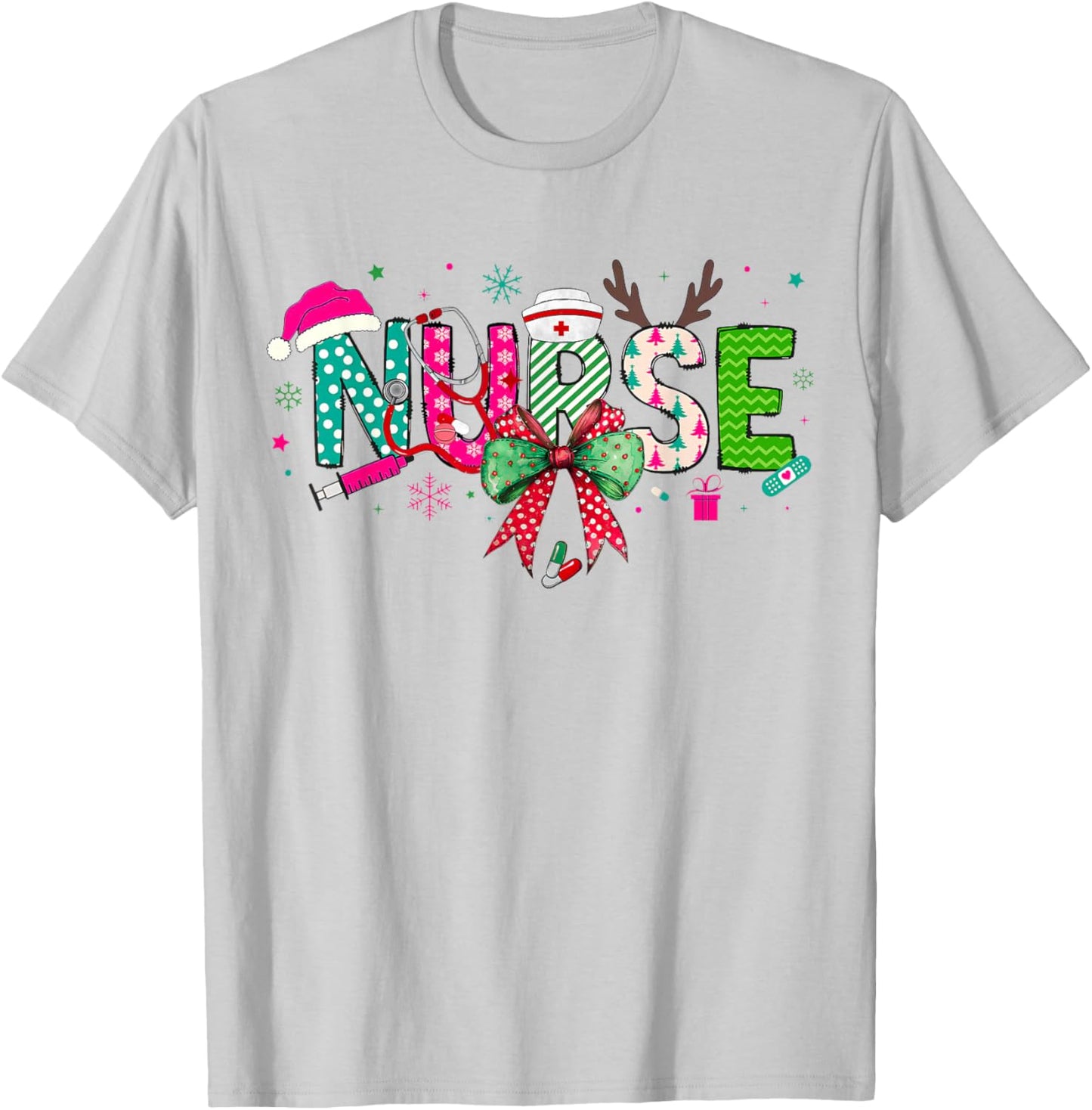 Christmas Nurse Stethoscope Xmas Coquette Bow Nursing School T-Shirt - T-Shirt | Ash