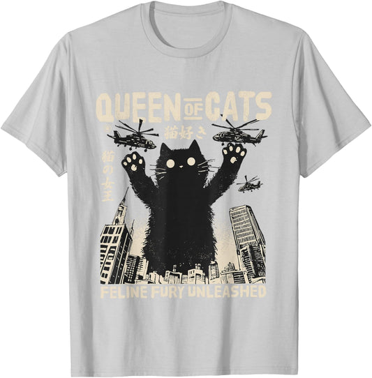 Retro Japan Aesthetic Queen Of Cats Black Monster Cat T-Shirt - T-Shirt | Ash
