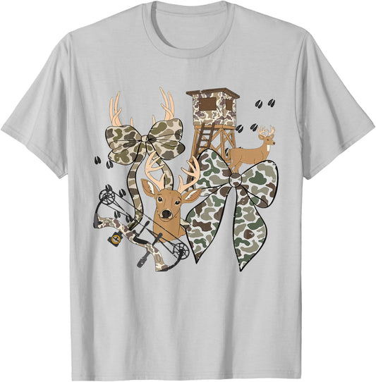 Camo Coquette Bow Funny Hunting Season Deer Fall Cute Girly T-Shirt - T-Shirt | Ash