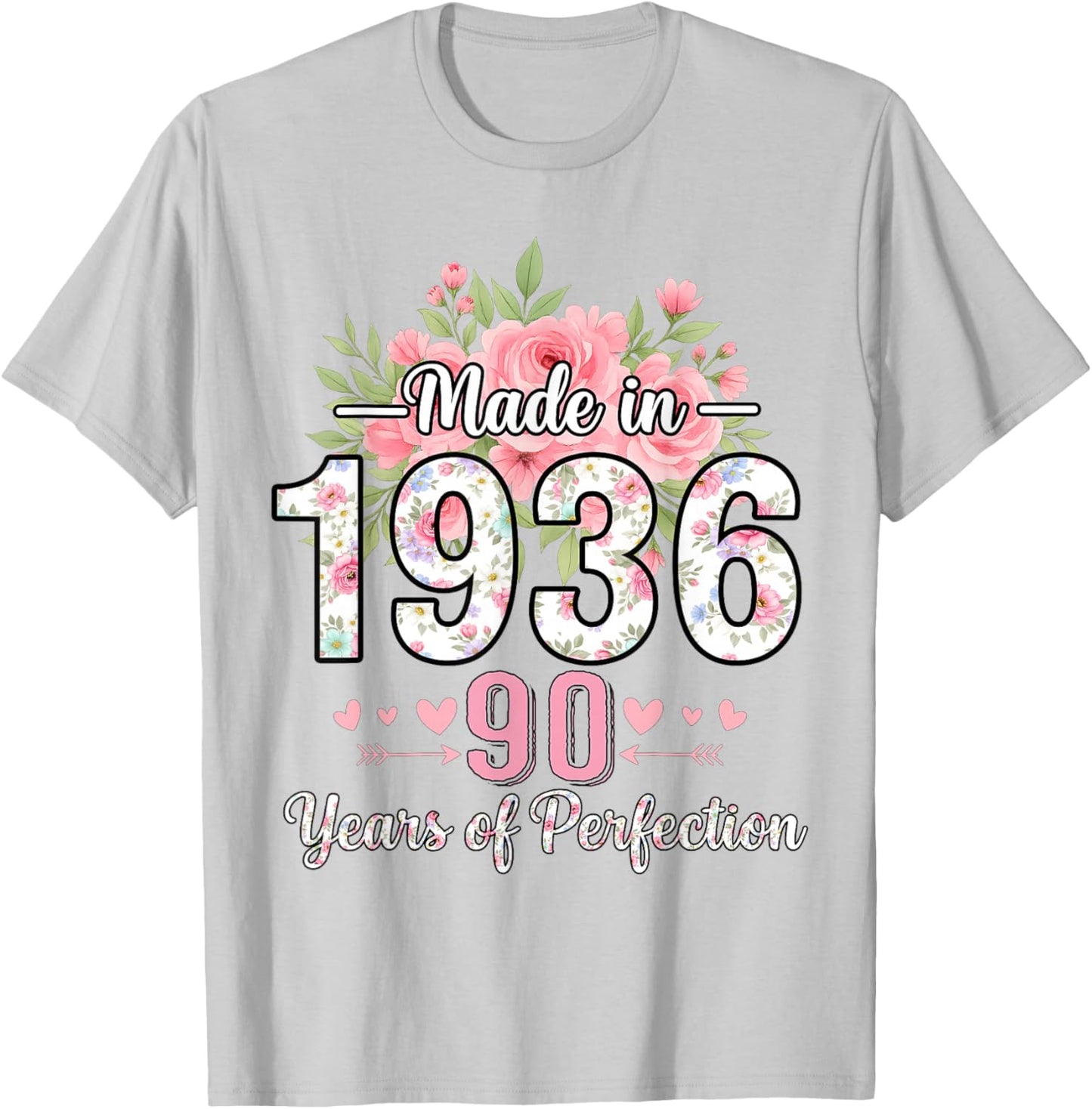 Cadeaux Floraux pour 90e Anniversaire pour Femmes de 90 Ans, fabriqués en 1936 T-Shirt - T-Shirt | Ash