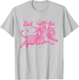 Hell Cat Cowgirl Riding Tiger Vintage T-Shirt - T-Shirt | Ash