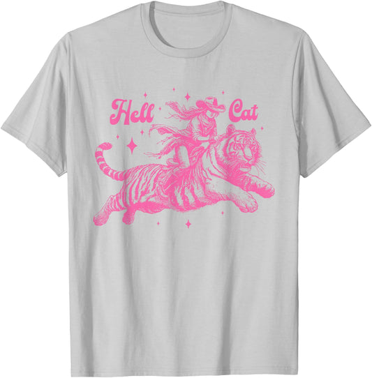 Hell Cat Cowgirl Riding Tiger Vintage T-Shirt - T-Shirt | Ash