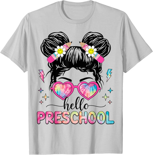 Hello Preschool Messy Bun Girl Back To School First Day T-Shirt - T-Shirt | Ash