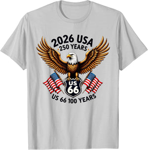 USA 250 Anniversary Eagle US Highway 66 Route Mother Road T-Shirt - T-Shirt | Ash