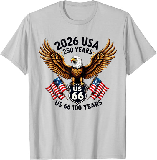 USA 250 Anniversary Eagle US Highway 66 Route Mother Road T-Shirt - T-Shirt | Ash