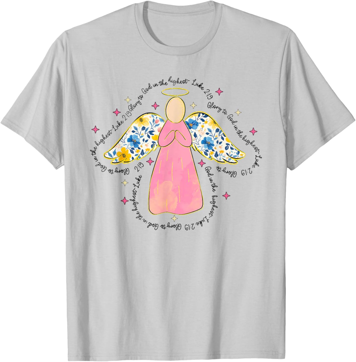 Silhouette Pink Floral Angel God, Beautiful Christmas Angel T-Shirt - T-Shirt | Ash