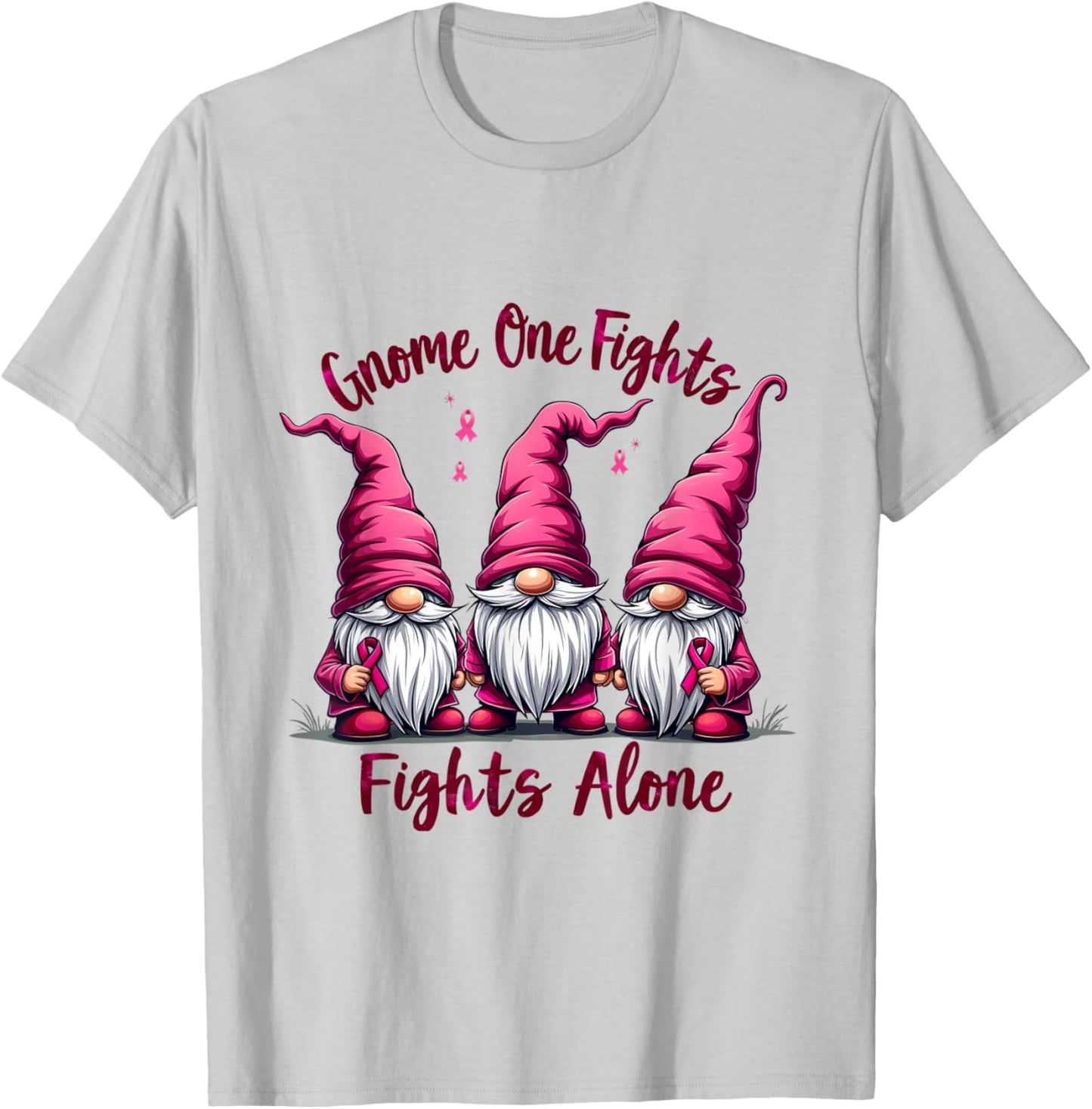 Gnome One Fights Alone Breast Cancer T-Shirt - T-Shirt | Ash