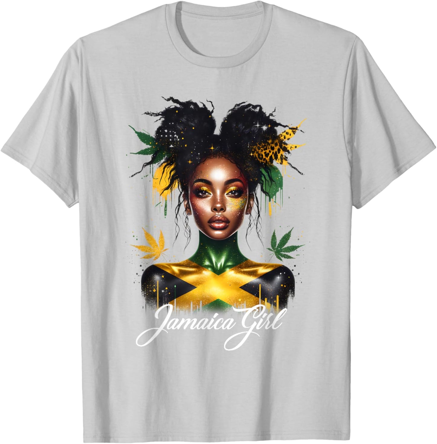 Woman Afro Jamaican Girl Jamaica Flag Pride Black Messy Bun T-Shirt - T-Shirt | Ash