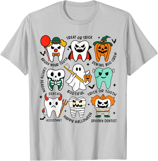 Funny Cute Dental Hygiene Monsters Teeth Squad Halloween T-Shirt - T-Shirt | Ash
