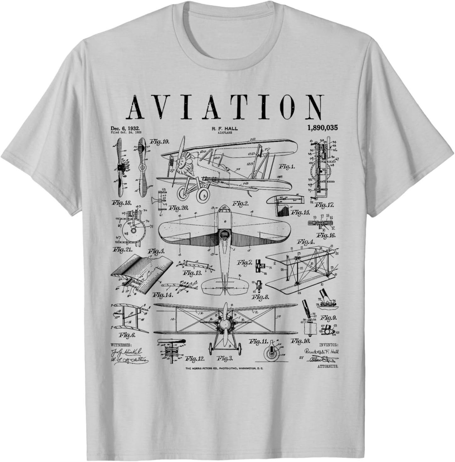 Aeroplane Aviation Double Decker Aeroplane Vintage Patent Print T-Shirt - T-Shirt | Ash