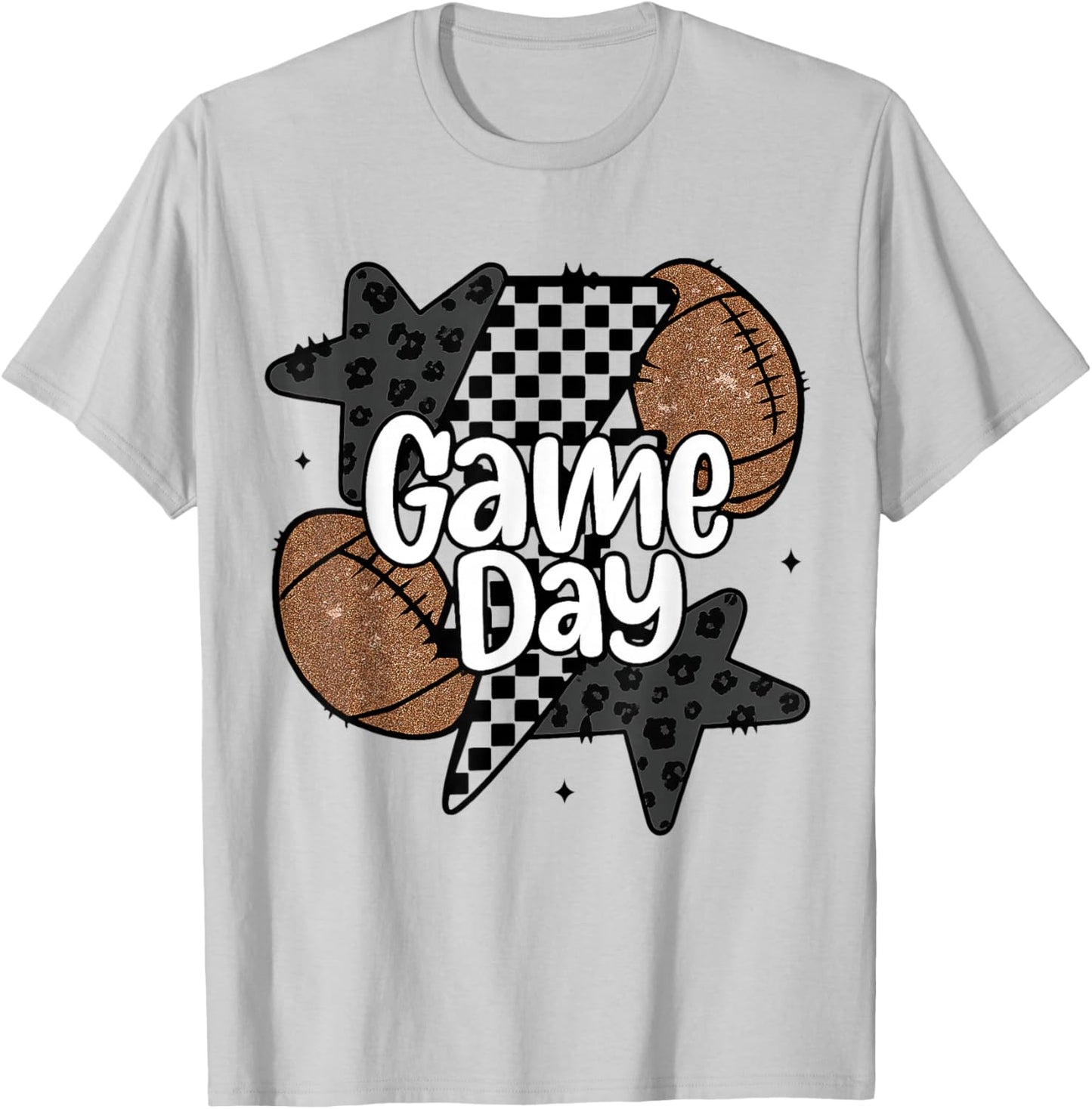 Funny Game Day Football Retro Checkered Leopard Gifts Family T-Shirt - T-Shirt | Ash