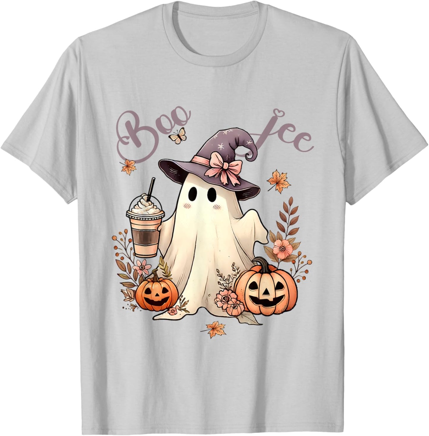 Boo Jee Ghost Ice Coffee Coquette Bow Halloween Women Girl T-Shirt - T-Shirt | Ash