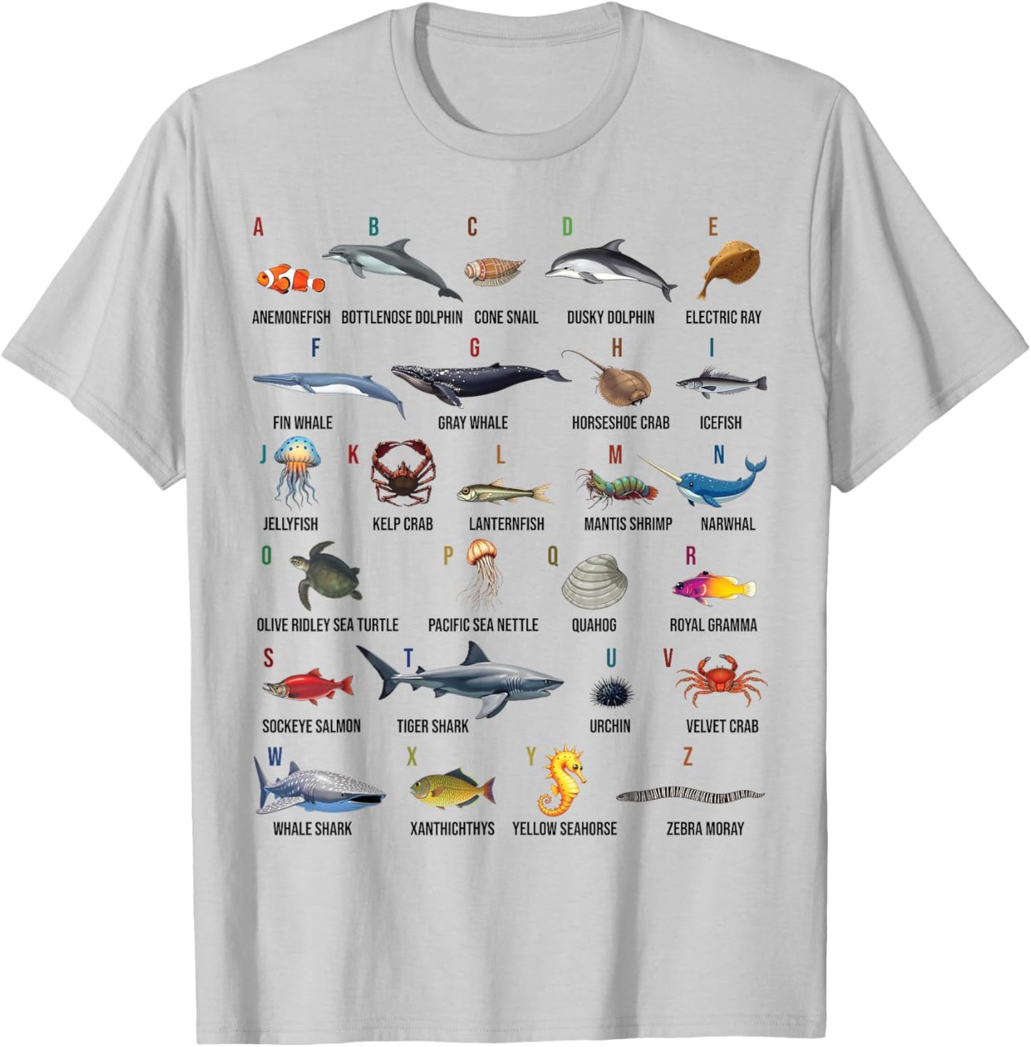A-Z Ocean Life Alphabet Marine Creatures Exploration T-Shirt - T-Shirt | Ash