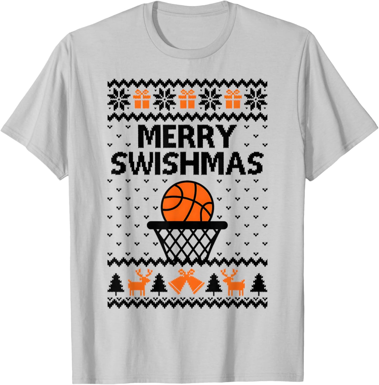 Merry Swishmas X-Mas Basketball Ugly Christmas Sweater Style T-Shirt - T-Shirt | Ash