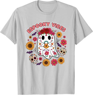 Espooky Vibes Halloween Floral Ghost Day of The Dead Mexican T-Shirt - T-Shirt | Ash