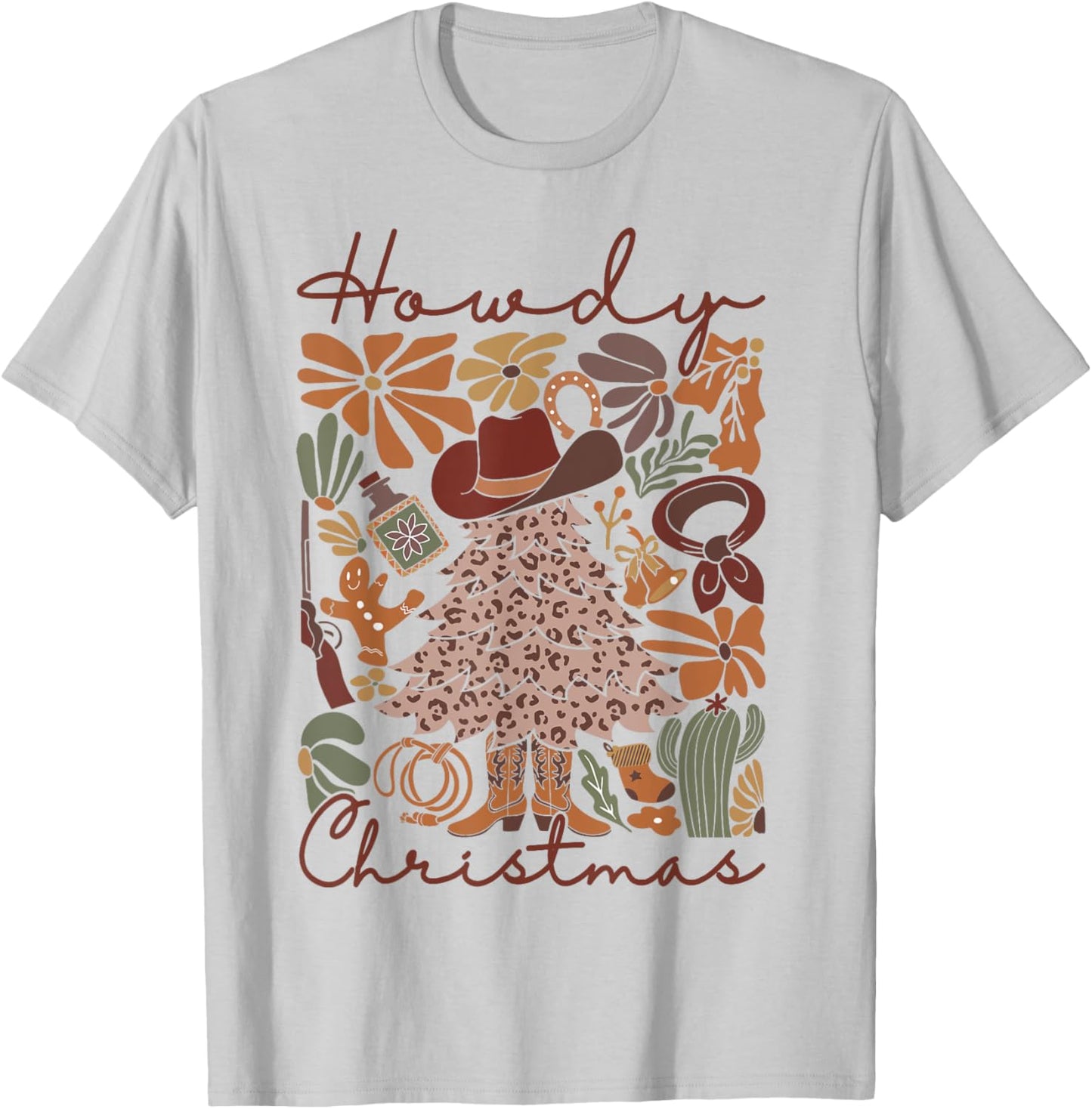 Western Santa Hat Howdy Christmas Tree Boho Flower Cowboy T-Shirt - T-Shirt | Ash