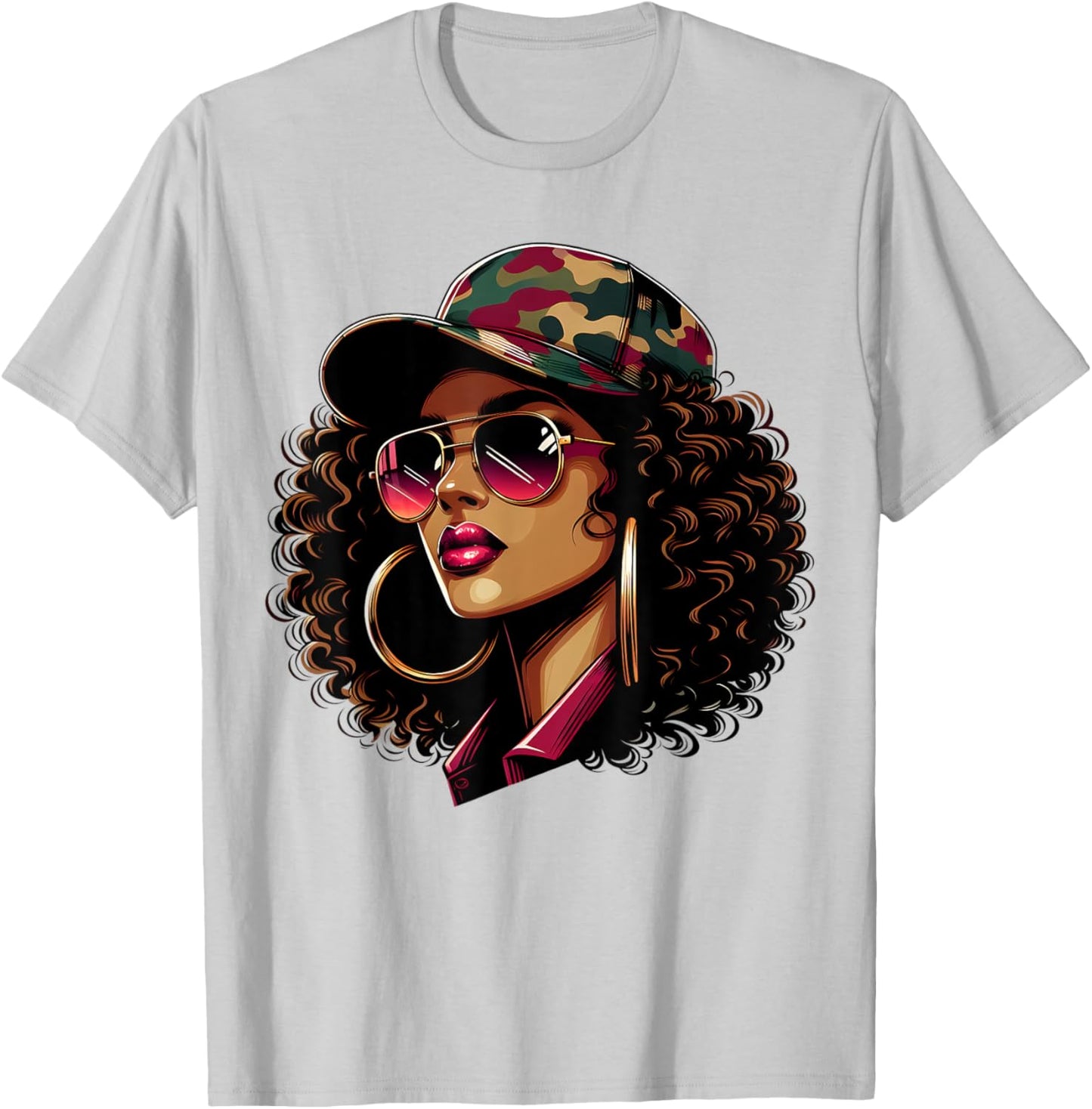 Queen Black Woman With Camo Cap Locs African American T-Shirt - T-Shirt | Ash