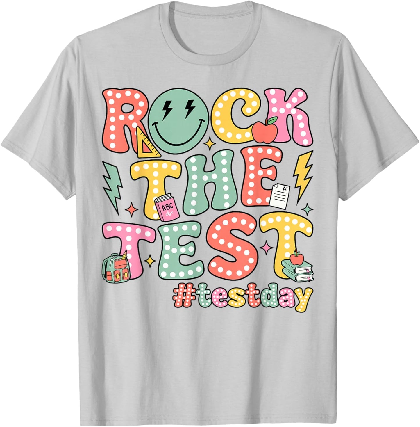 Rock The Test Testing Day Retro Motivational Teacher Student T-Shirt - T-Shirt | Ash