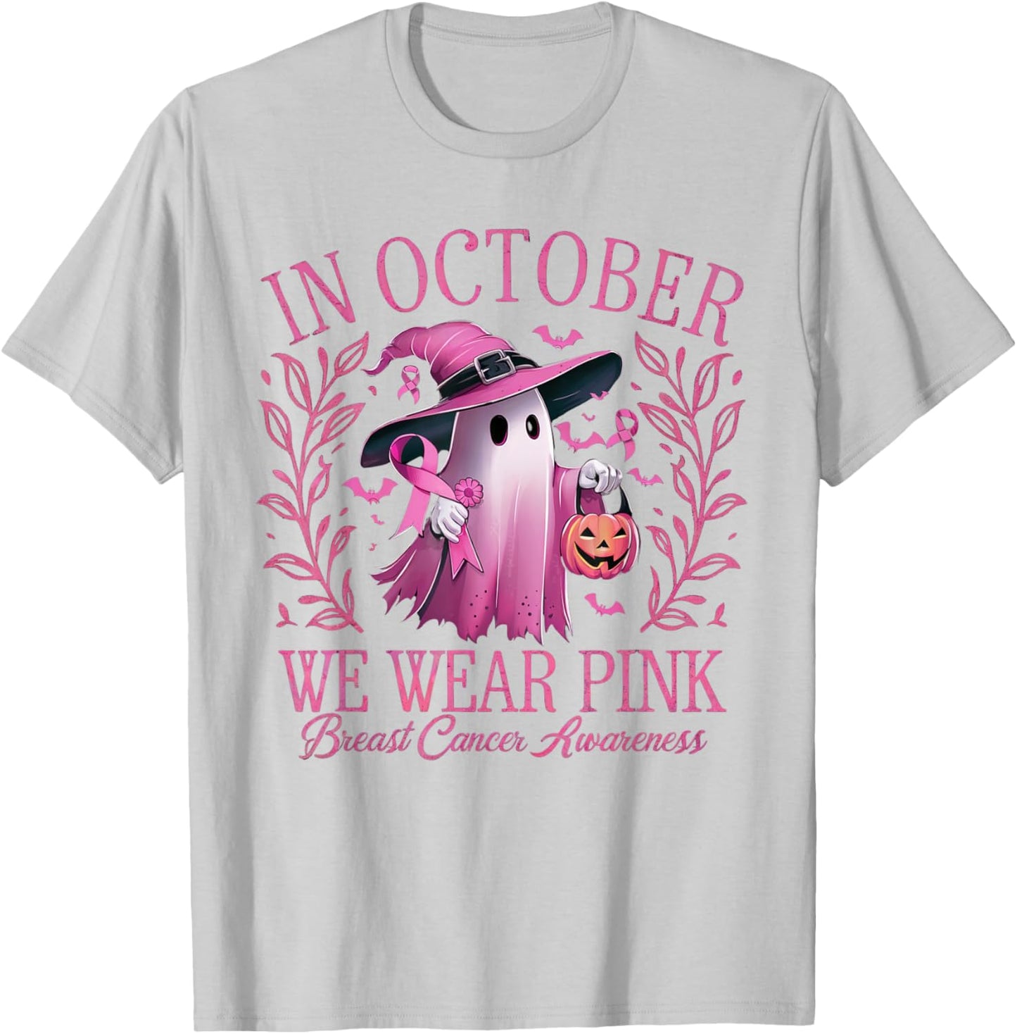 In October We Wear Pink Breast Cancer Awareness Halloween T-Shirt - T-Shirt | Ash