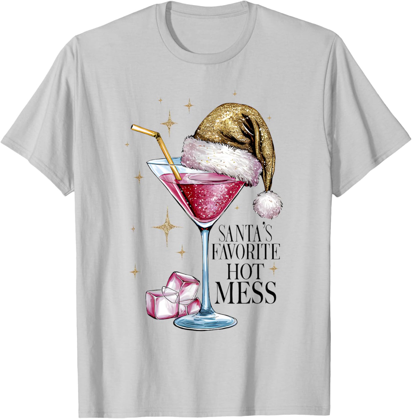 Women Santa's Favorite Hot Mess Christmas Pink Margarita T-Shirt - T-Shirt | Ash