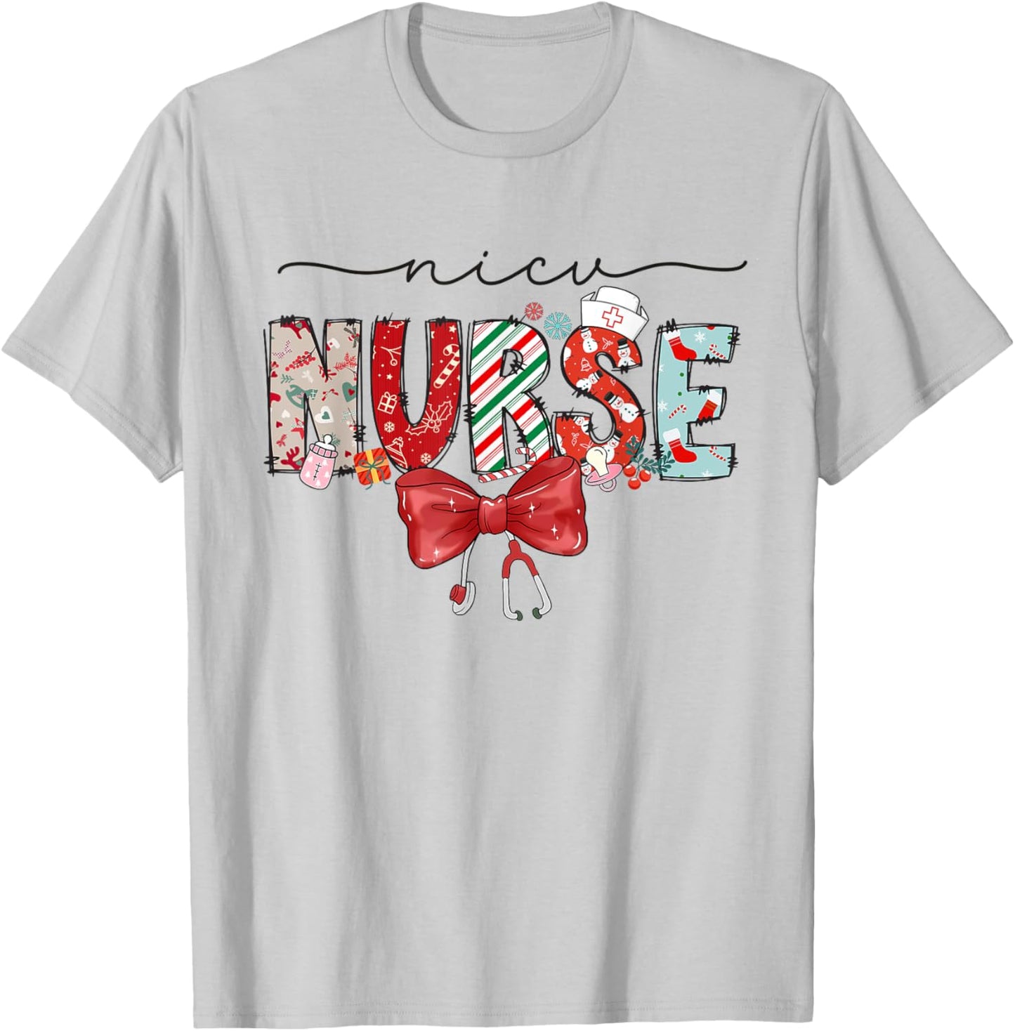 NICU Nurse Christmas Coquette Bow Holiday NICU Crew Team T-Shirt - T-Shirt | Ash