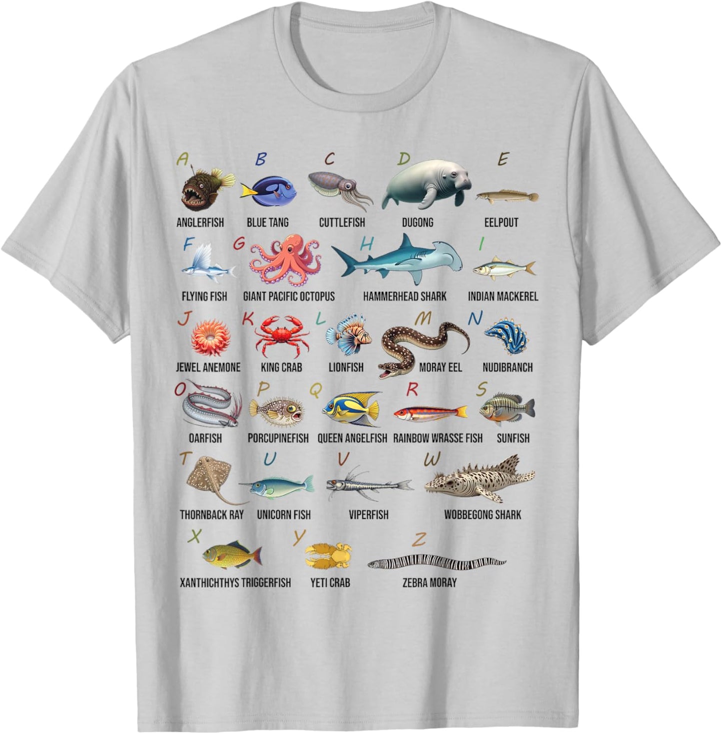 A-Z Ocean Life Alphabet Marine Creatures Exploration T-Shirt - T-Shirt | Ash