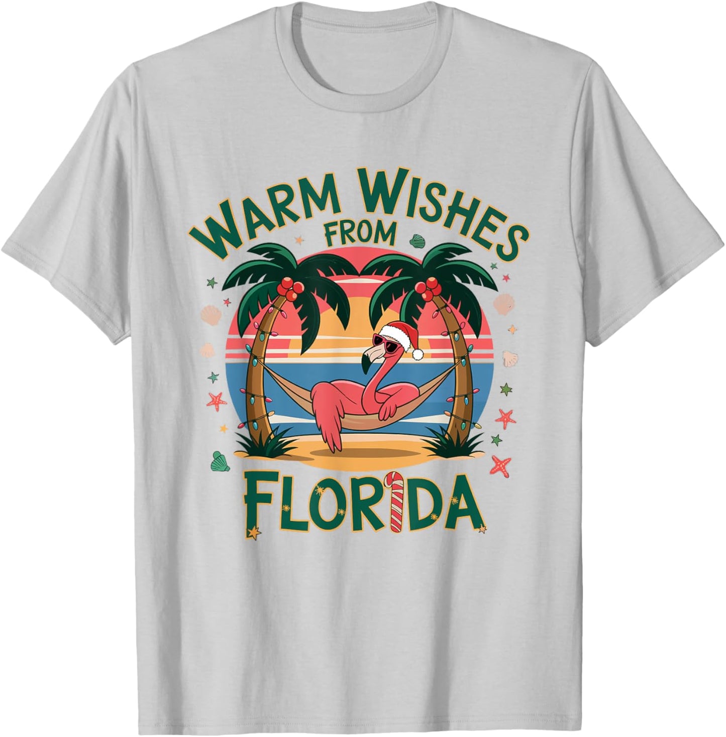 Tropical Flamingo Xmas Warm Wishes From Florida Christmas T-Shirt - T-Shirt | Ash