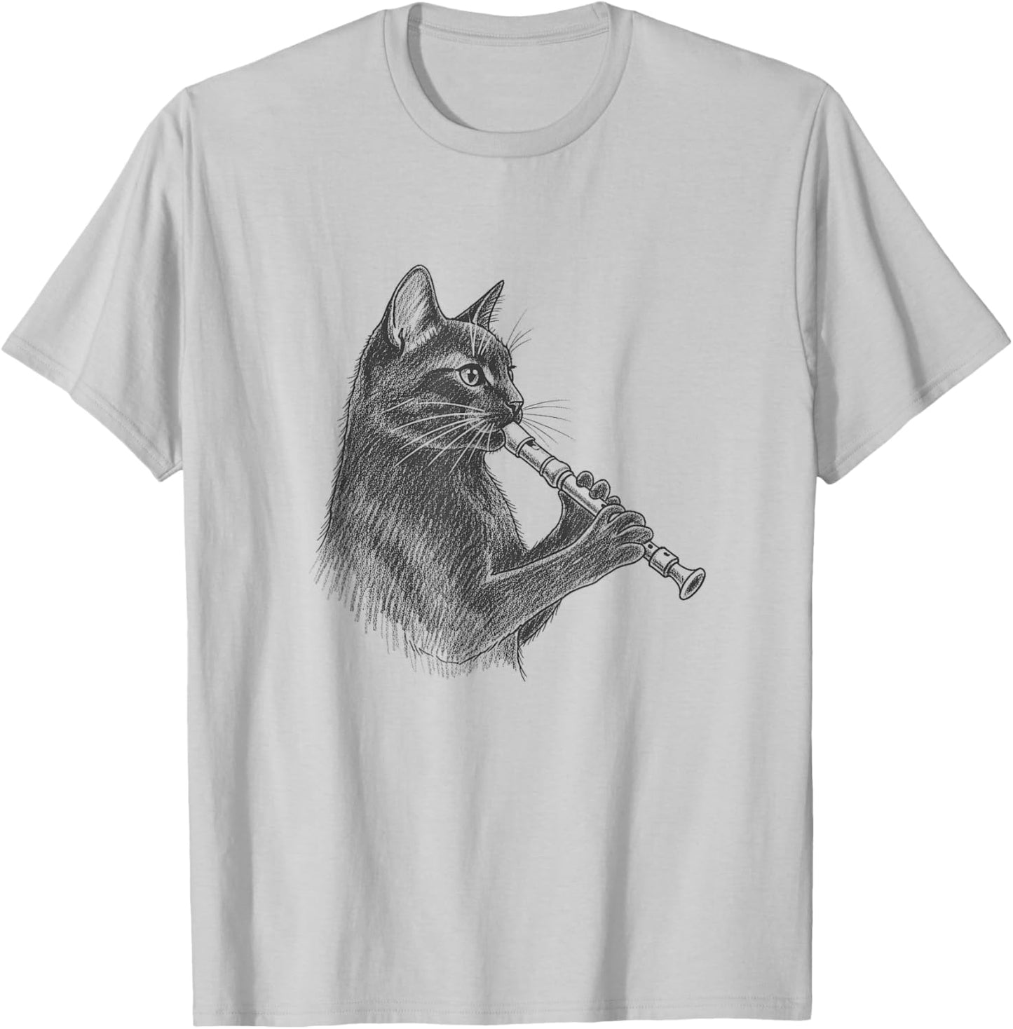 Cat Playing Recorder Sketch Art Design T-Shirt - T-Shirt | Ash