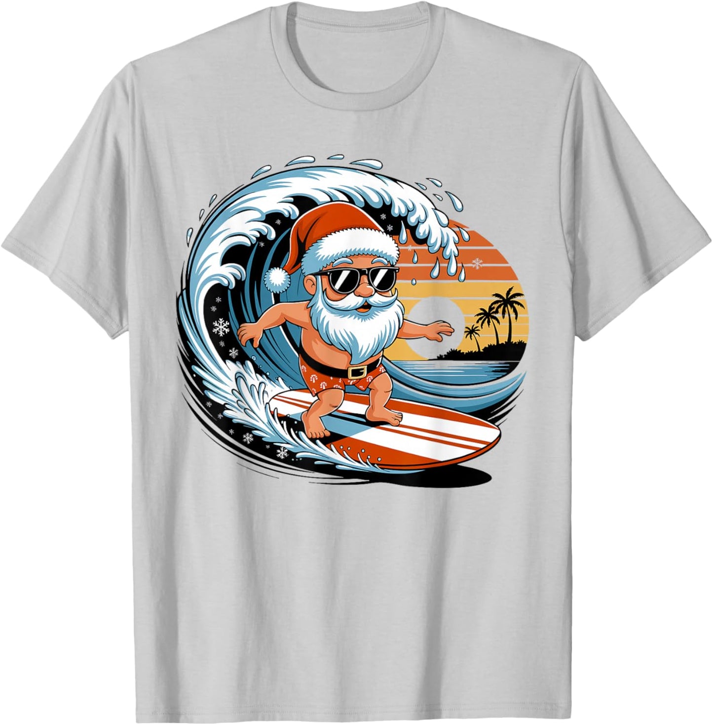 Santa Surfing Hawaiian Beach Christmas in July Tropical Xmas T-Shirt - T-Shirt | Ash