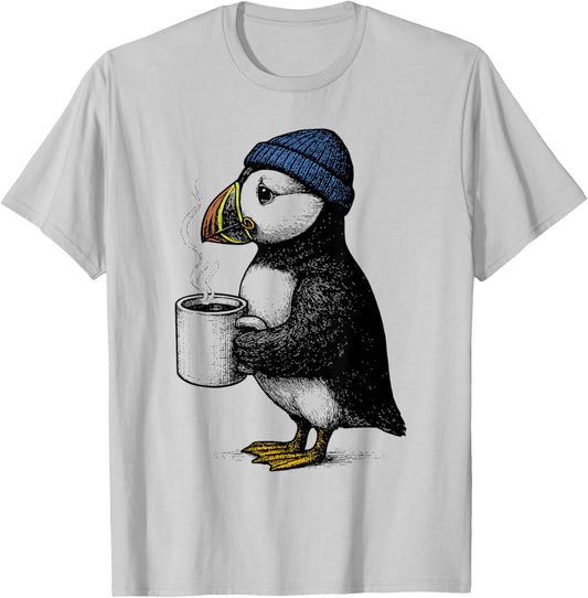 Puffin with Hat Funny Coffee Bird T-Shirt - T-Shirt | Ash