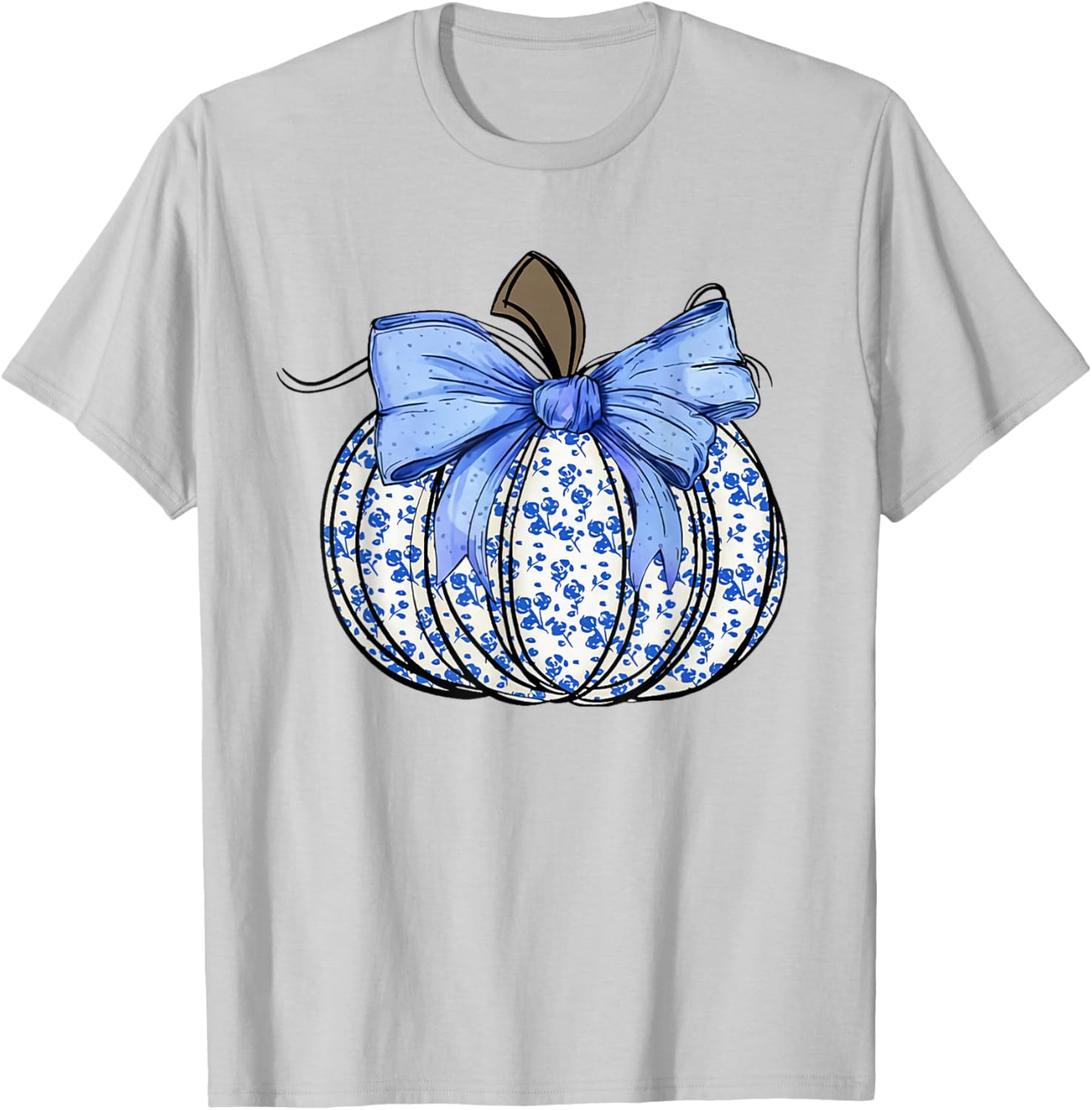 Retro Coquette Bow Blue Floral Pumpkin Halloween Autumn Fall T-Shirt - T-Shirt | Ash