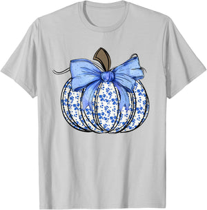 Retro Coquette Bow Blue Floral Pumpkin Halloween Autumn Fall T-Shirt - T-Shirt | Ash