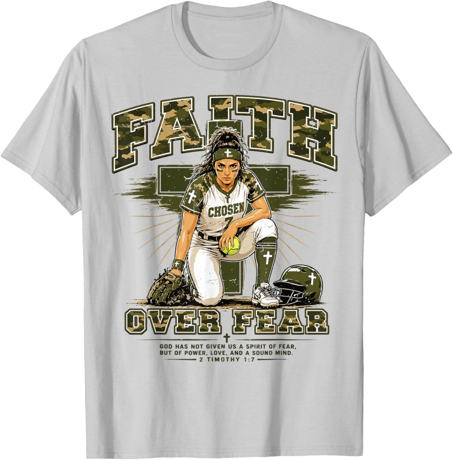 Girls Camo Christian Softball Faith Over Fear Camouflage T-Shirt - T-Shirt | Ash