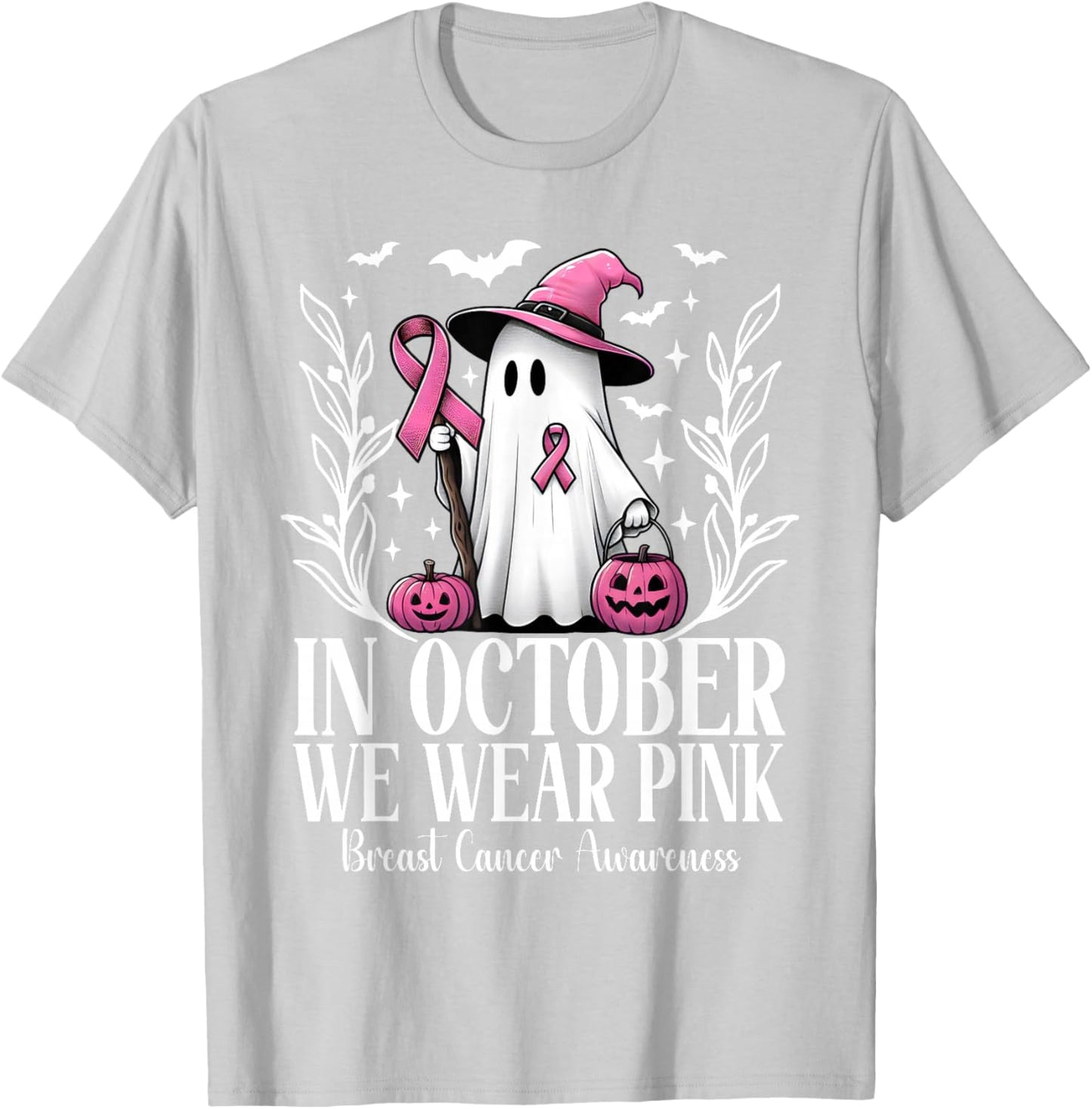 In October We Wear Pink Breast Cancer Ghost Witch Halloween T-Shirt - T-Shirt | Ash