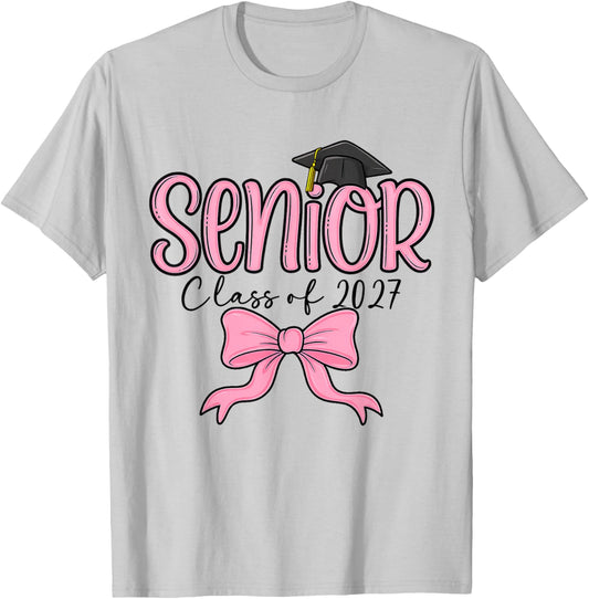 Class of 2027 Pink Bow Senior Graduation Girls Women T-Shirt - T-Shirt | Ash