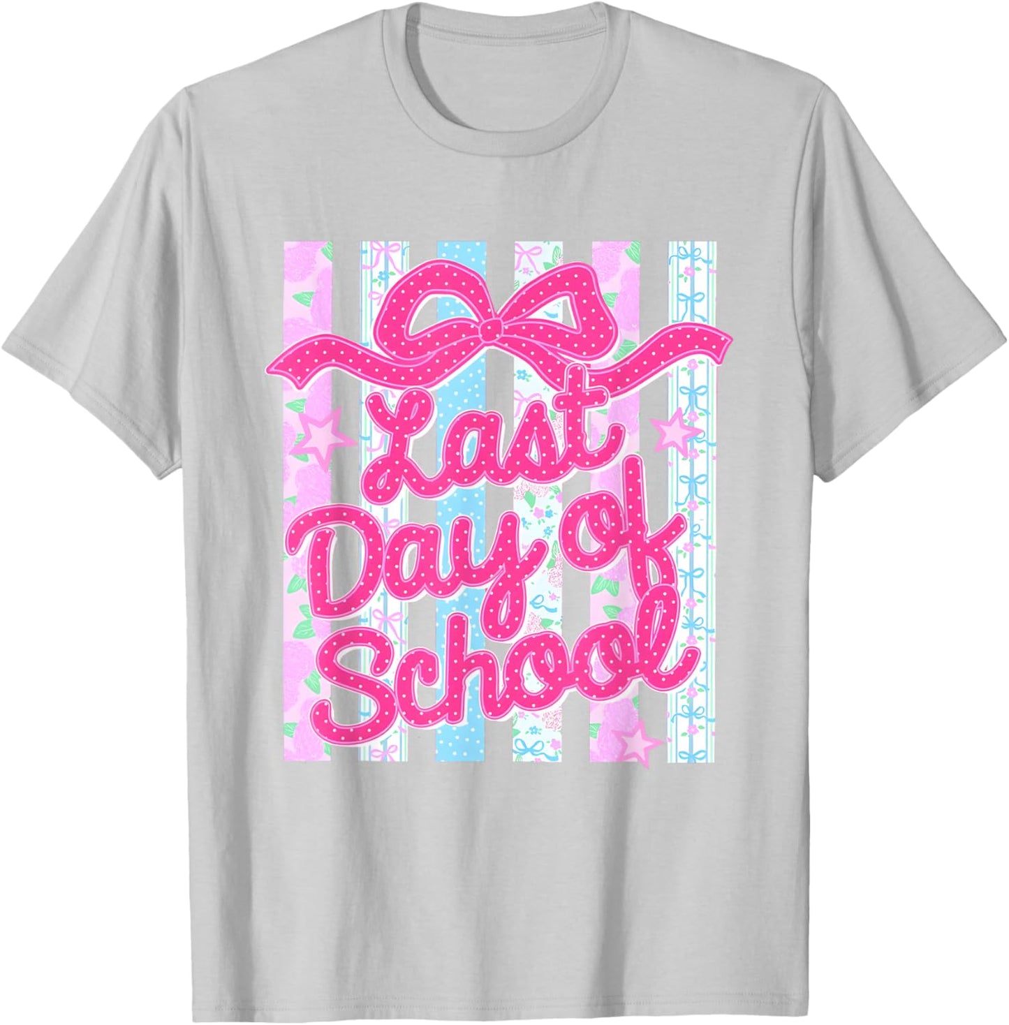 Striped Last Day of School Coquette Floral Teacher Summer T-Shirt - T-Shirt | Ash
