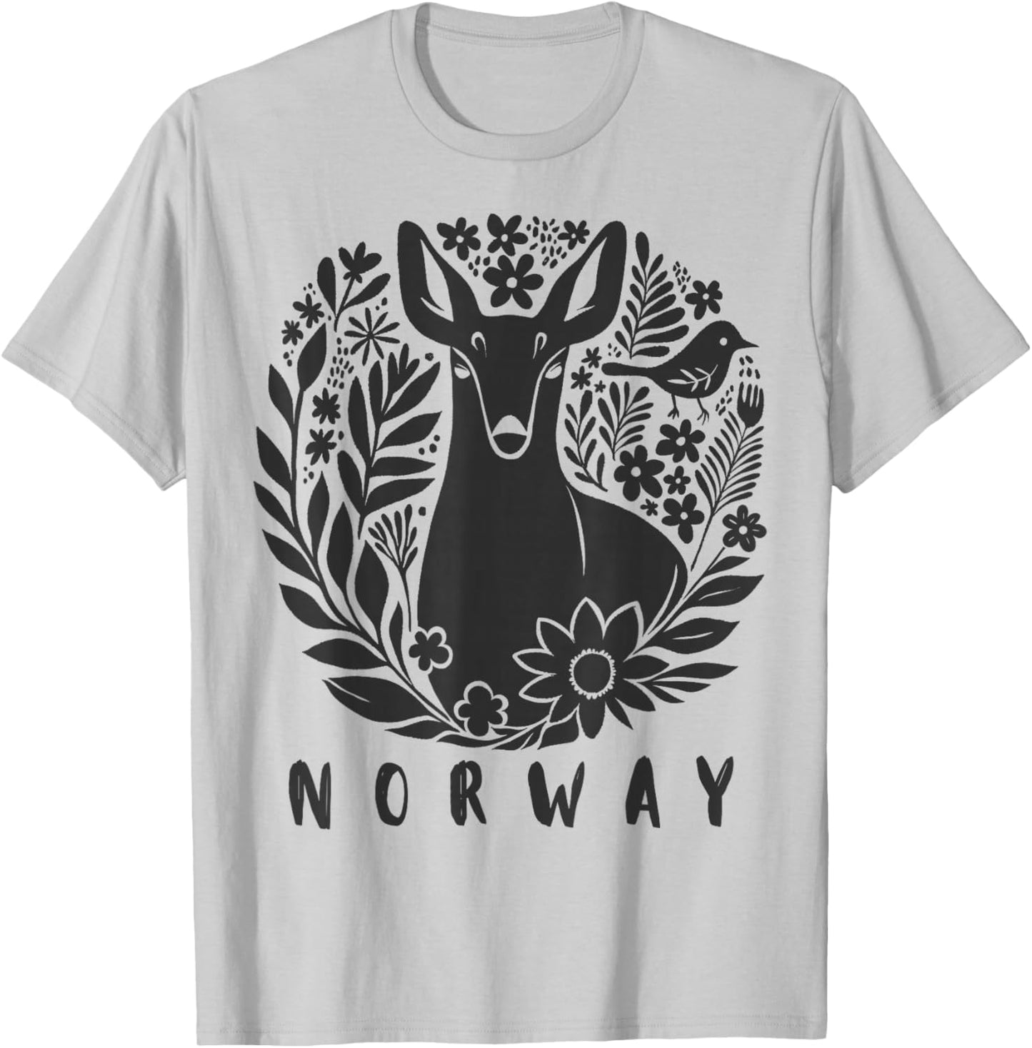 Norway Souvenir Deer Folk Art Scandinavian Art Lino Cut T-Shirt - T-Shirt | Ash