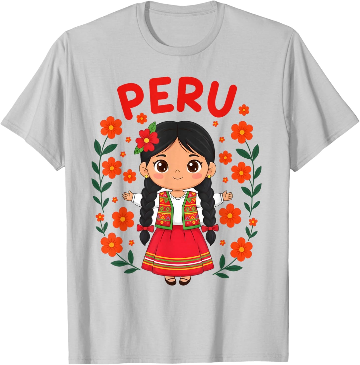 Cute Peru Girl Traditional Dress Colorful Flowers Girls Kids T-Shirt - T-Shirt | Ash