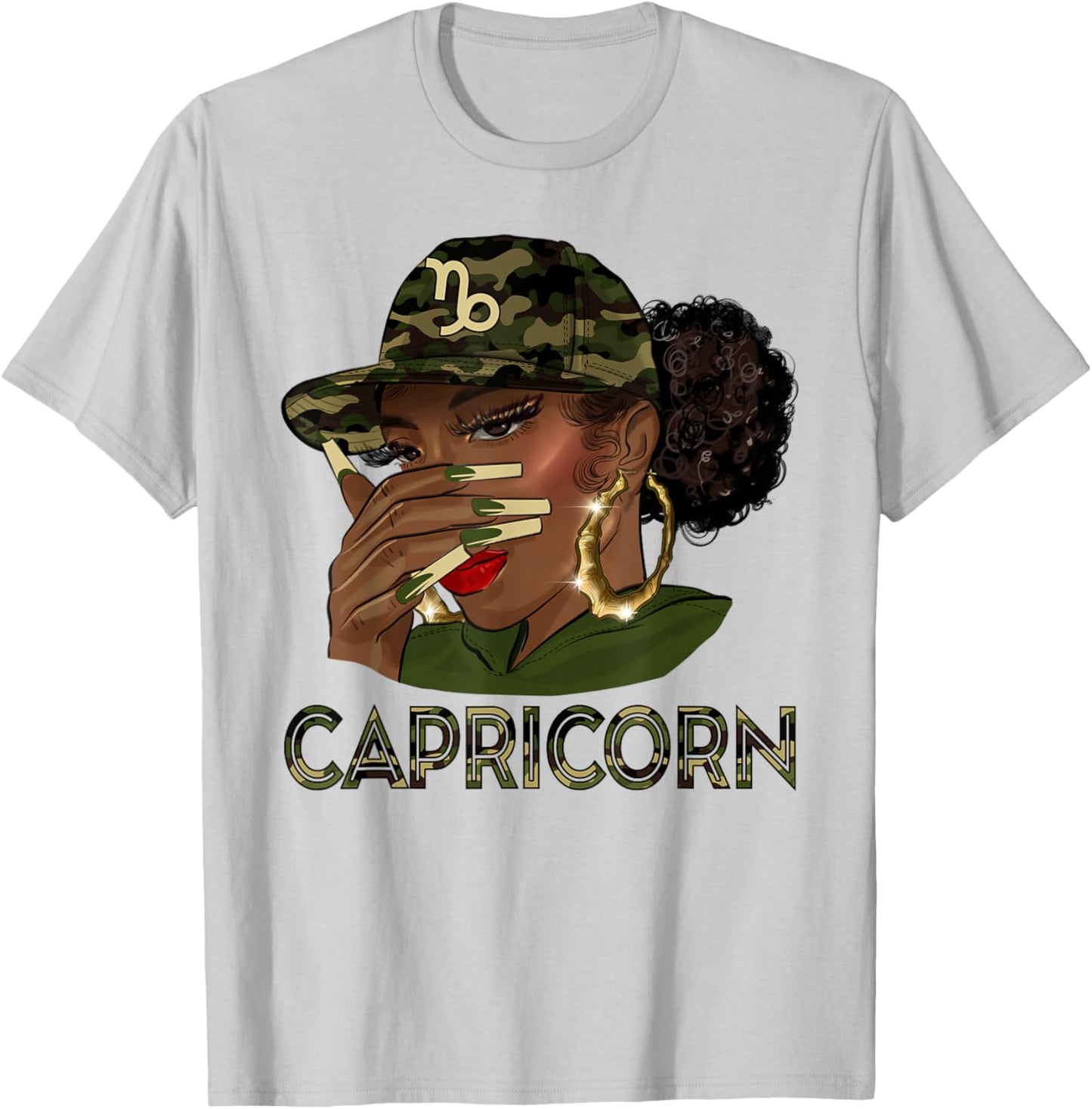 Capricorn Queen Black Girl With Cap Camo Afro Woman Zodiac T-Shirt - T-Shirt | Ash